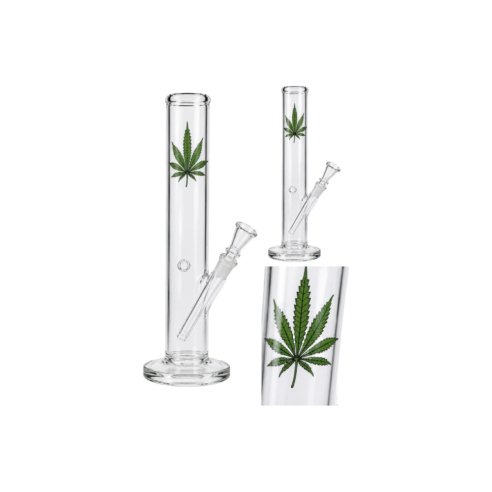 Glas Bong 40 cm – Straight Tube mit Hanfblatt & Kickloch